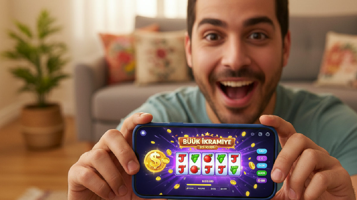 Akıllı telefonuyla Intobet mobil uygulamasında jackpot oynayan mutlu bir kullanıcı.